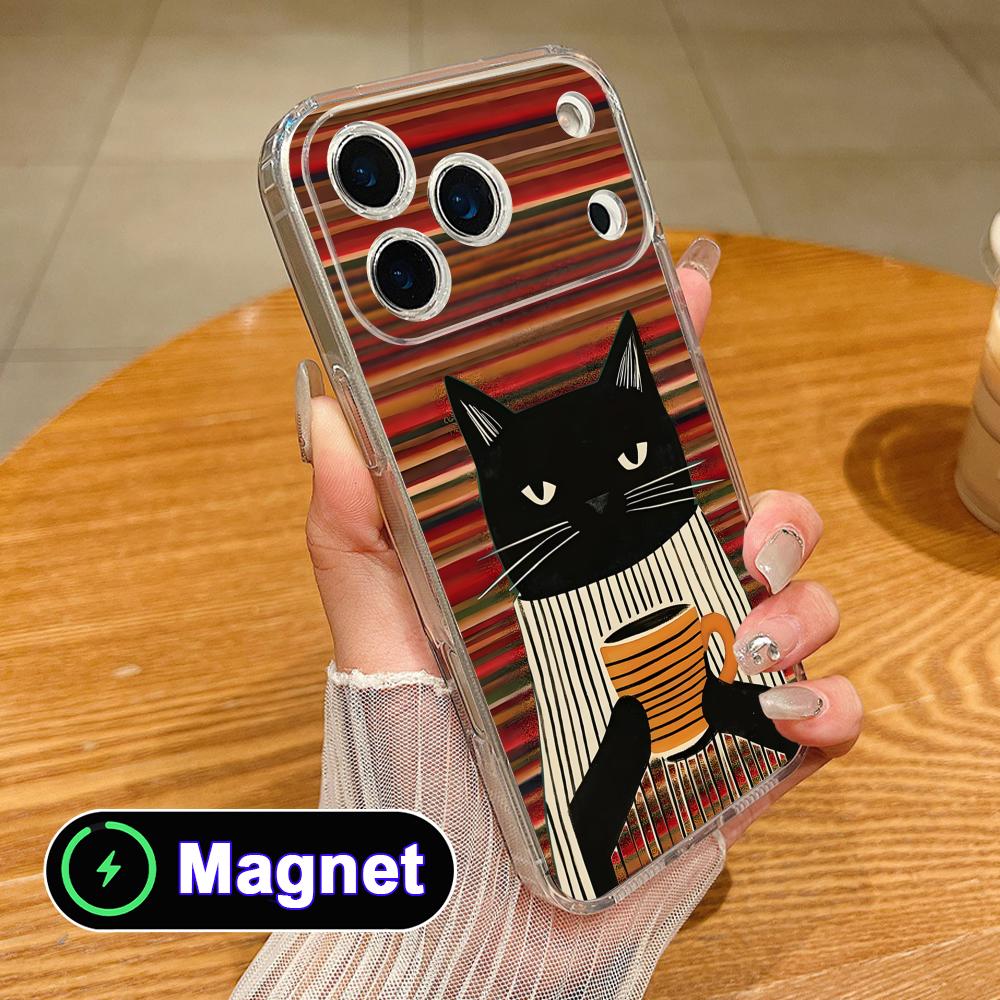 Cute Coffee Cat Clear TPU Magsafe Mobile Phone Case for iPhone 17 16 15 14 13 12 11 Air Pro Max Plus Mini Colorful Cover