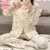 2024 Cute Spring/Autumn Women's Crepe Pajama Set with Chest Pad, Lapel Cardigan, Long-Sleeved Top, and Trousers.