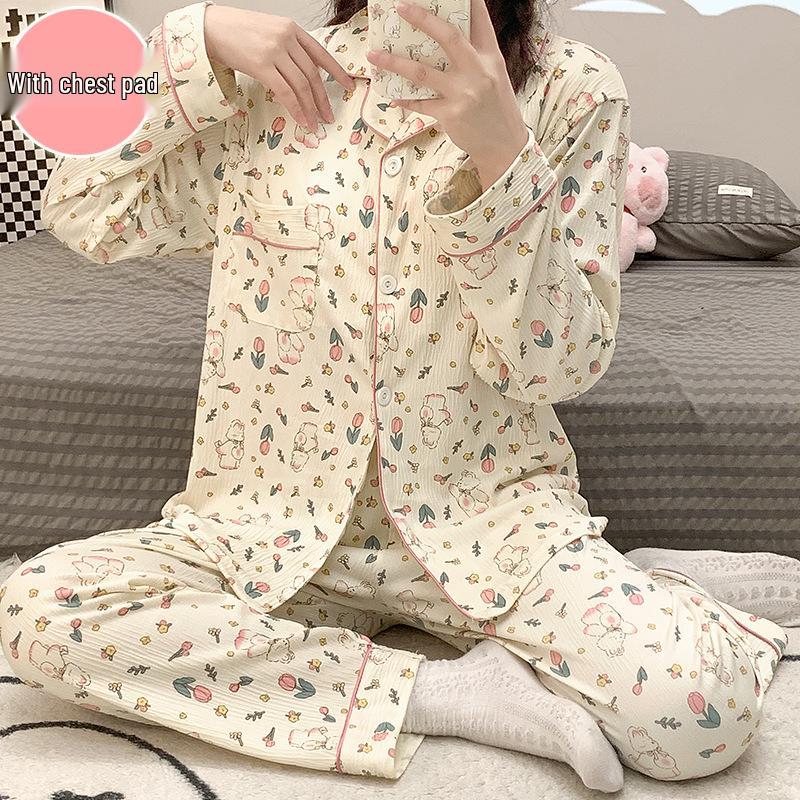 2024 Cute Spring/Autumn Women's Crepe Pajama Set with Chest Pad, Lapel Cardigan, Long-Sleeved Top, and Trousers.