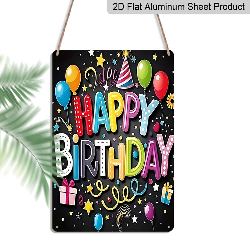 

2D Flat, 1pc Colorful Happy Birthday Balloon & Gift Metal Wall Art Sign - 8*12 Inch Aluminium Fun Party Decor, Black Background Festive Plaque 20*30cm