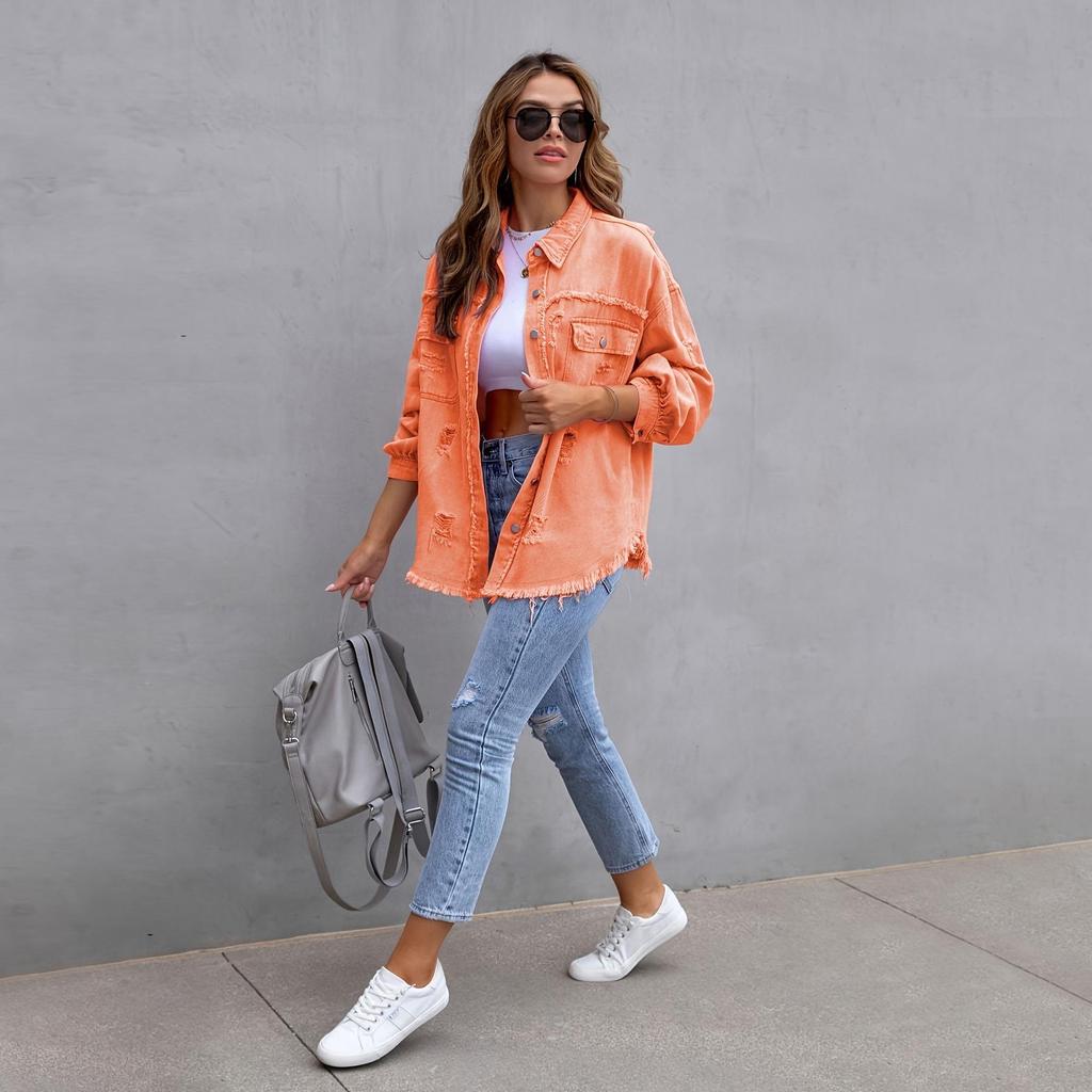 Damen Jeansjacke in Unifarbe, mittellang, mit langen Ärmeln und Rissen - Europäischer und Amerikanischer Stil