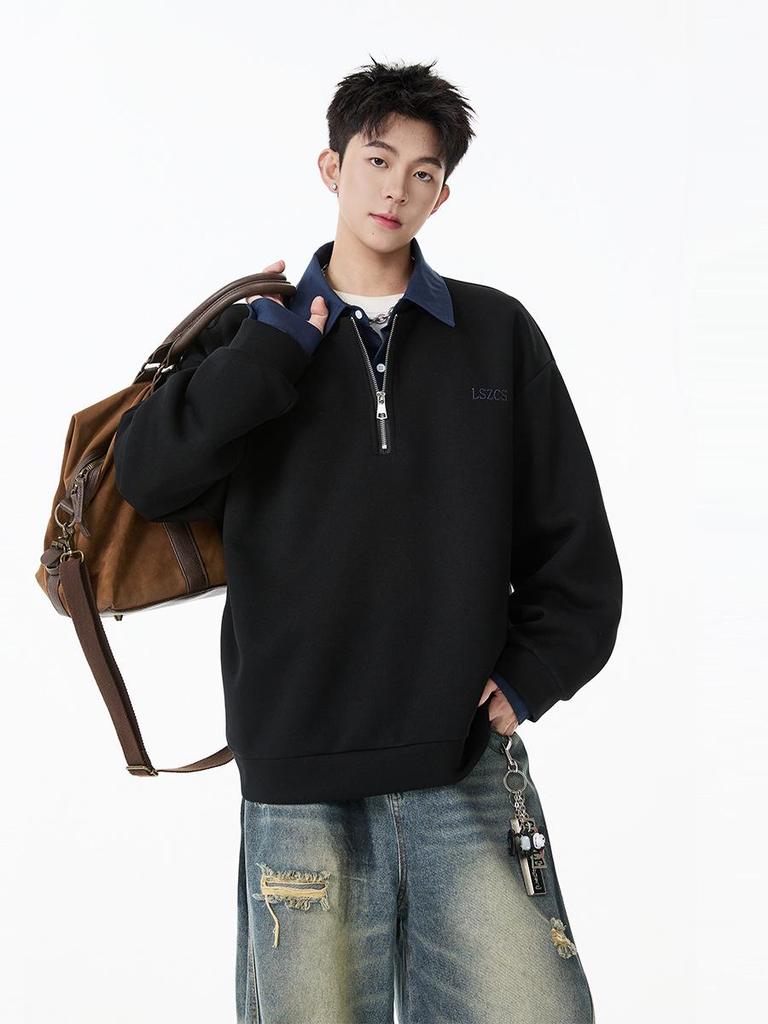 Unisex Heavyweight Faux Two-Piece Half-Zip Polo Sweatshirt, Autumn College Style, Lapel, Pullover, Loose Casual Top, Trendy.