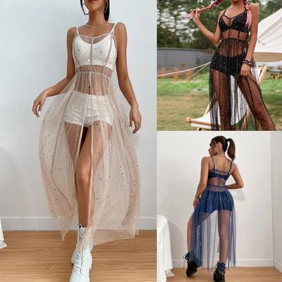Paljett Mesh Sheer Smock Klänning Kvinnor Ärmlös Split Midi Klänning Holiday Beach Club Sexiga sommarklänningar Kvinna