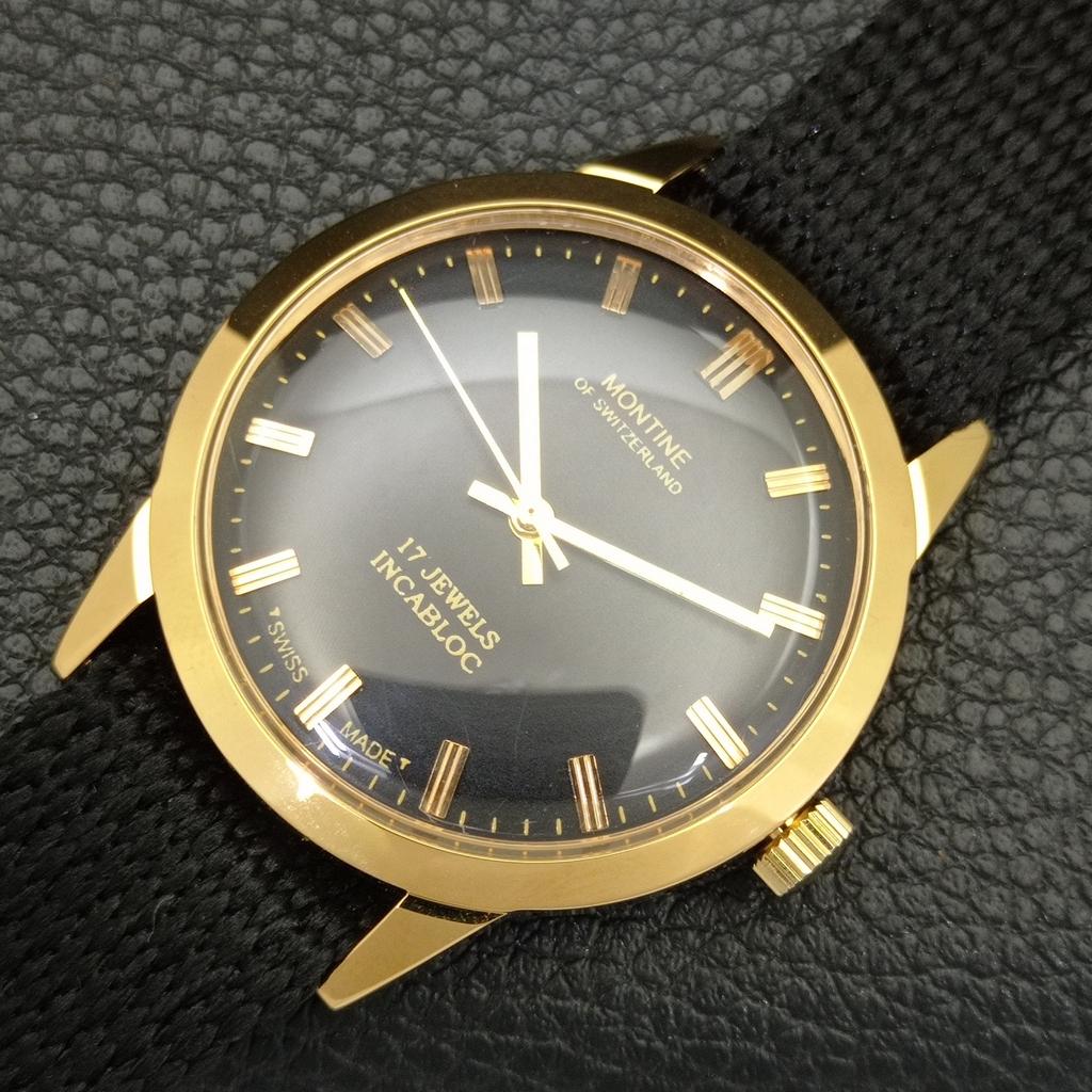 HAND-WINDING VINTAGE MONTINE SWISS MENS REFURBISHED BLACK DIAL WATCH a441068-1