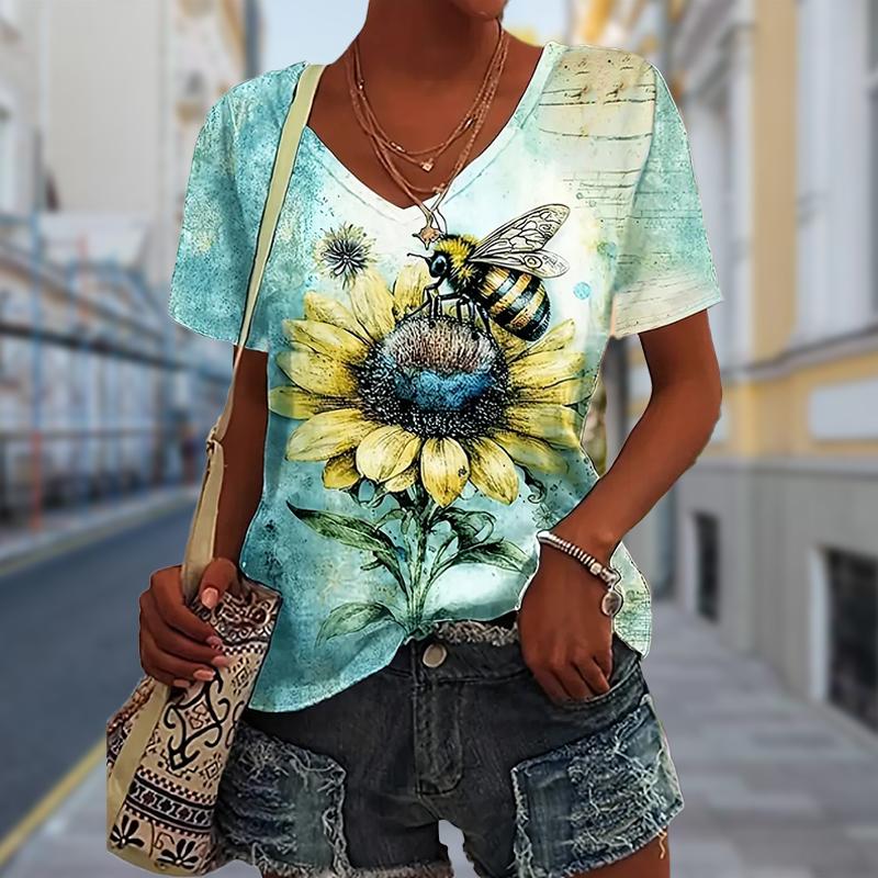 Модные красочные блузки с принтом на холсте, футболки с коротким рукавом и V-образным вырезом, повседневные XS зелёный