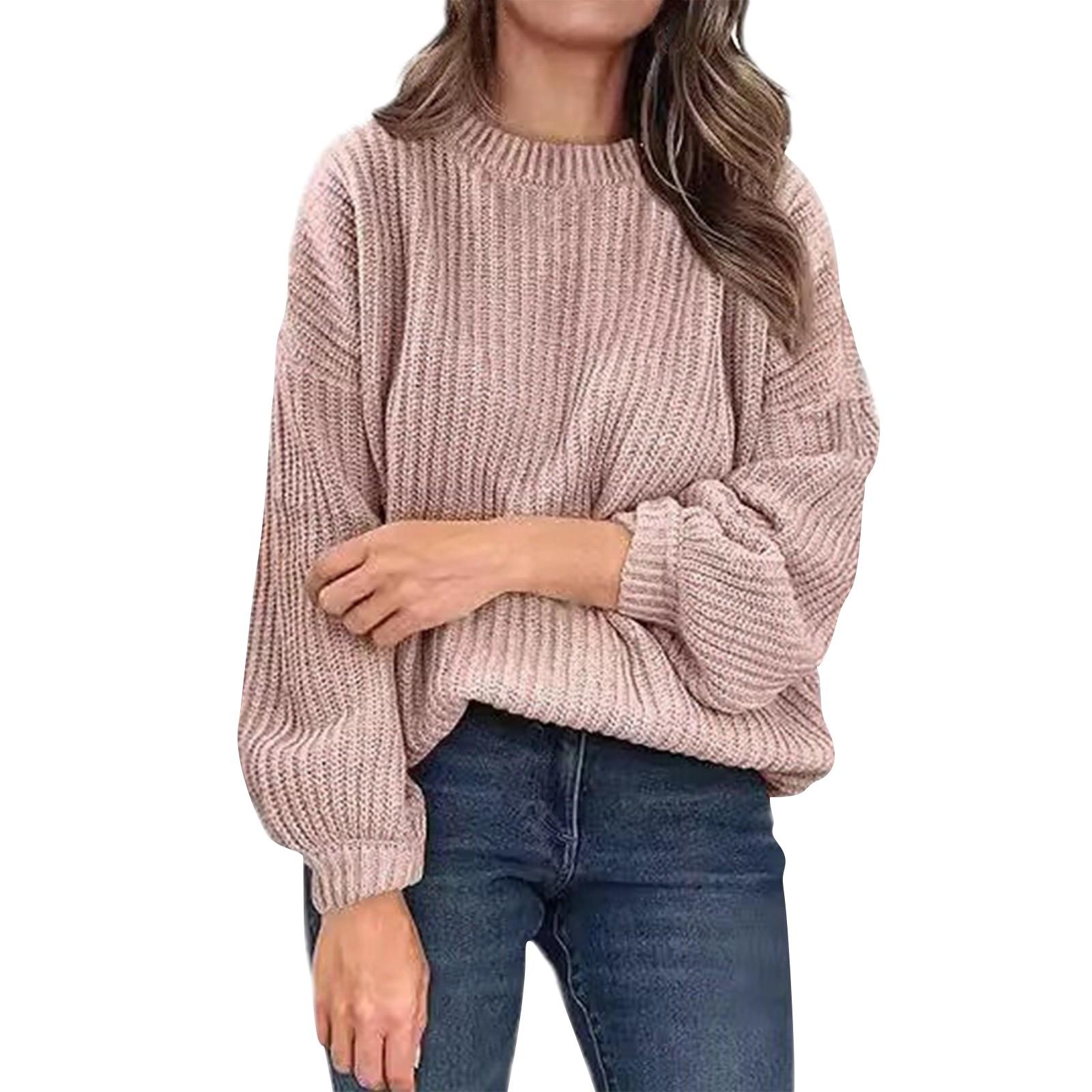 

Однотонный круглый вырез с рукавами-трубами, свободный женский вязаный свитер большого размера L розовый