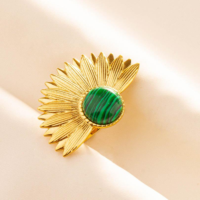 Green Striped Stone Vintage Gold Color Stainless Steel Open Adjustable Rings For Women Men Accessories Finger Jewelry Sun Flower