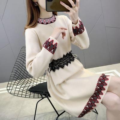 Autumn and Winter Mid Length Woolen Dress for Women Waistband Knit Shirt with Exotic Lace Lace Up Print O Neck Dress Pullover