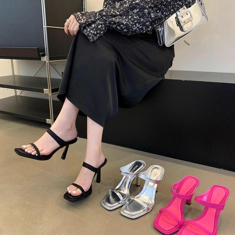 2025 summer Internet celebrity new with skirt high heels sandals women wear silver black word with stiletto sandals