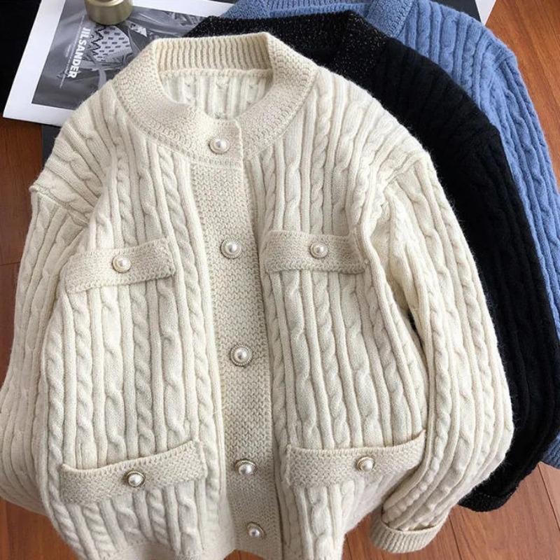 Short Knitted Cardigan Women's Solid Color Pearl Button Warm Coat Short Top New Fashion Simple Casual Commuting Spring Autumn
