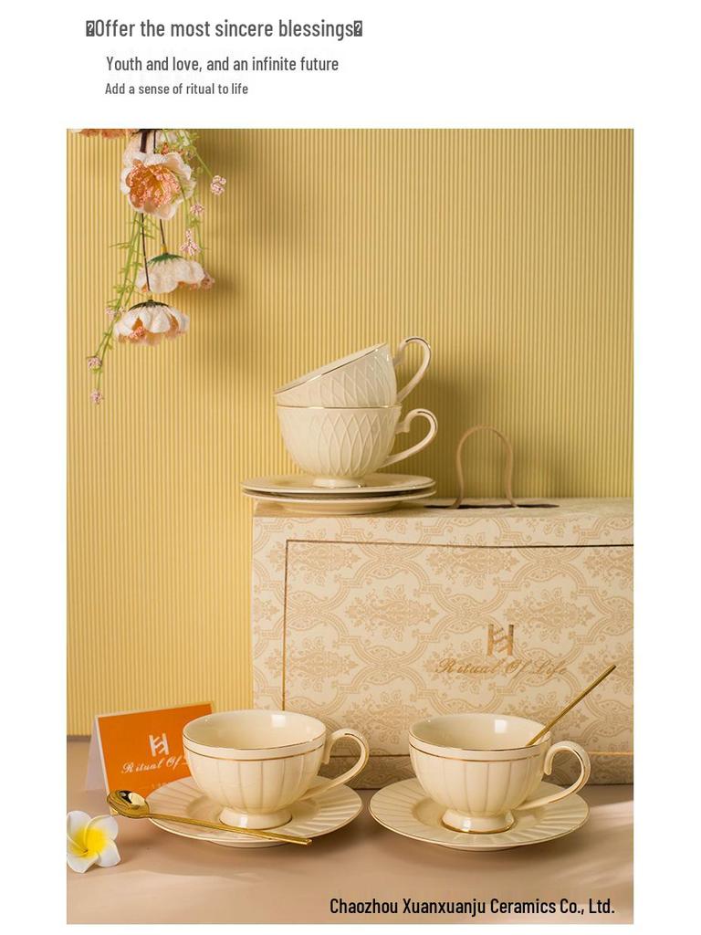 Europejski Ceramiczny Kubek do Kawy i Spodek z Wytłoczeniami - Elegancki Luksusowy Prezent na Popołudniową Herbatę