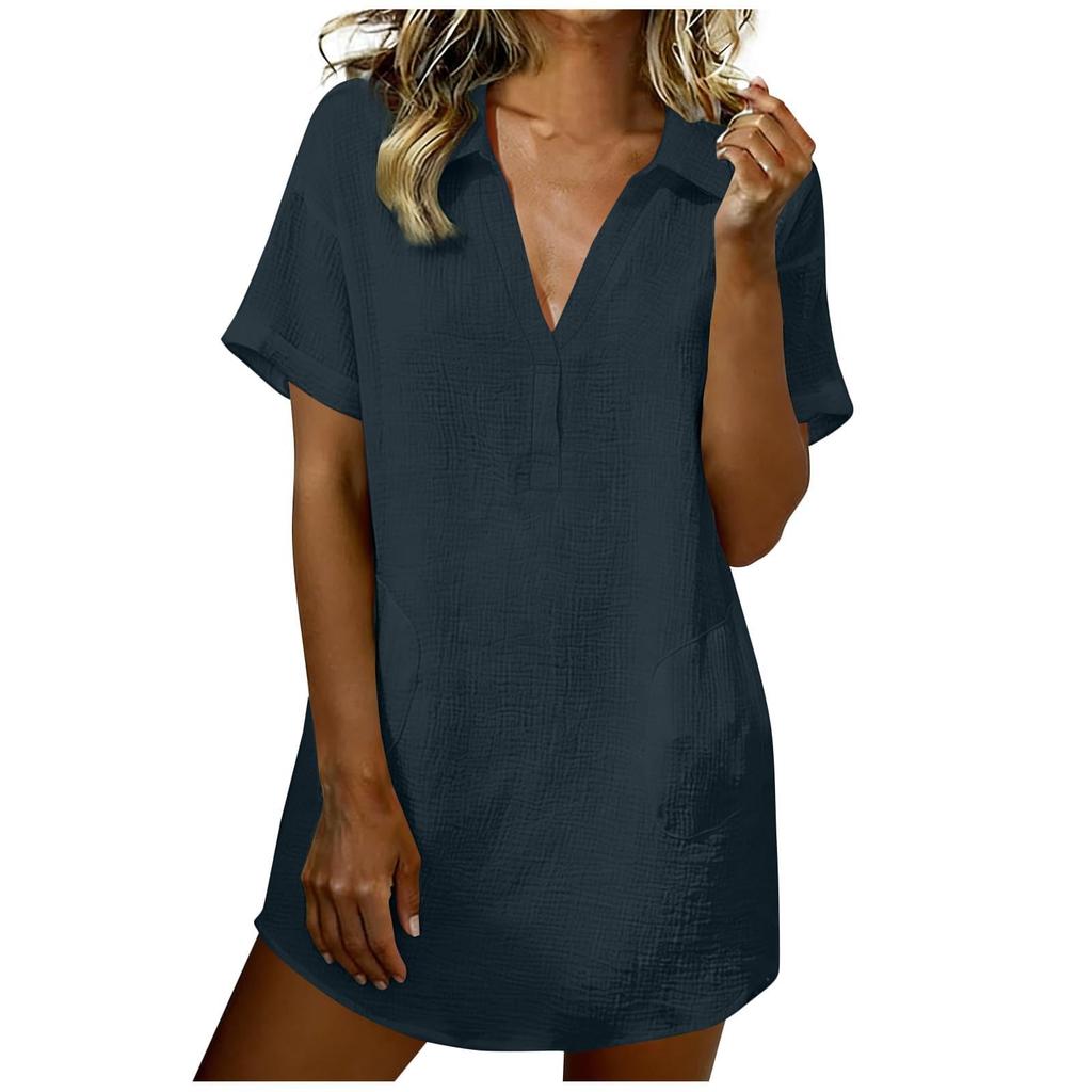 Women V Neck Short Sleeve Collared Shirt Mini Dress Linen Cotton Casual Beach Holiday Loose Fit Tunic Dress for Summer