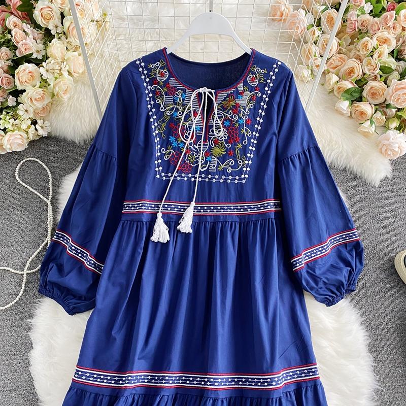 RUGOD Vestido largo con cordones y borlas con cuello en V y bordado étnico Retro para viajes y vacaciones vestido largo de temperamento de moda de manga larga