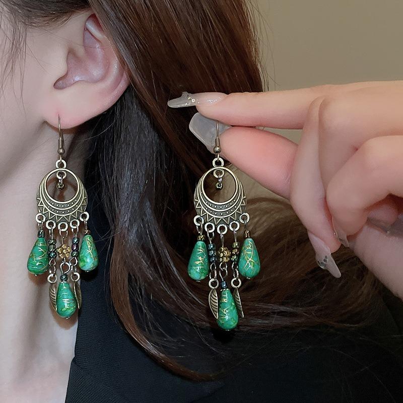New Chinese antique super fairy bamboo flower pearl fringed stud earrings ear hook explosion Chinese style versatile earrings earrings