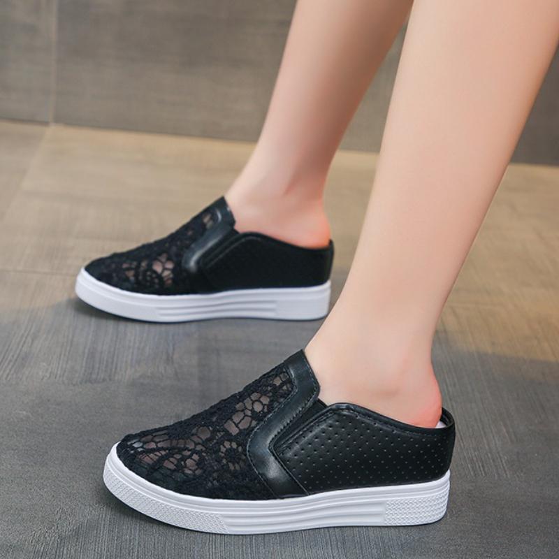 2026 New Women Wedge Platform Sneakers Rubber Leather High Heels Lace Up Shoes Pointed Toe Height Increasing Creepers