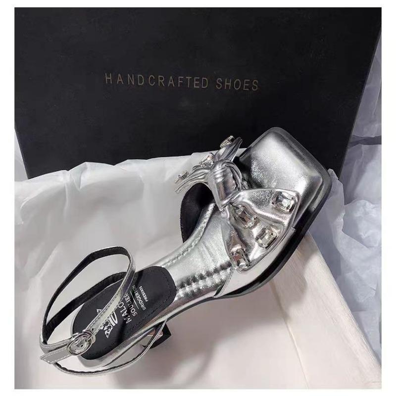 Fashion Summer New High Heels Rhinestone Bow Women's Shoes Square Head Thick Cross Strap One Line Buckle Sandals