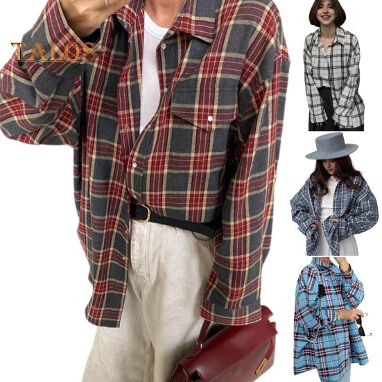 Women Shirt Lapel Long Sleeve Plaid Print Shirt with Flap Pocket Loose Fit Buttons Placket Mid-length Shirt