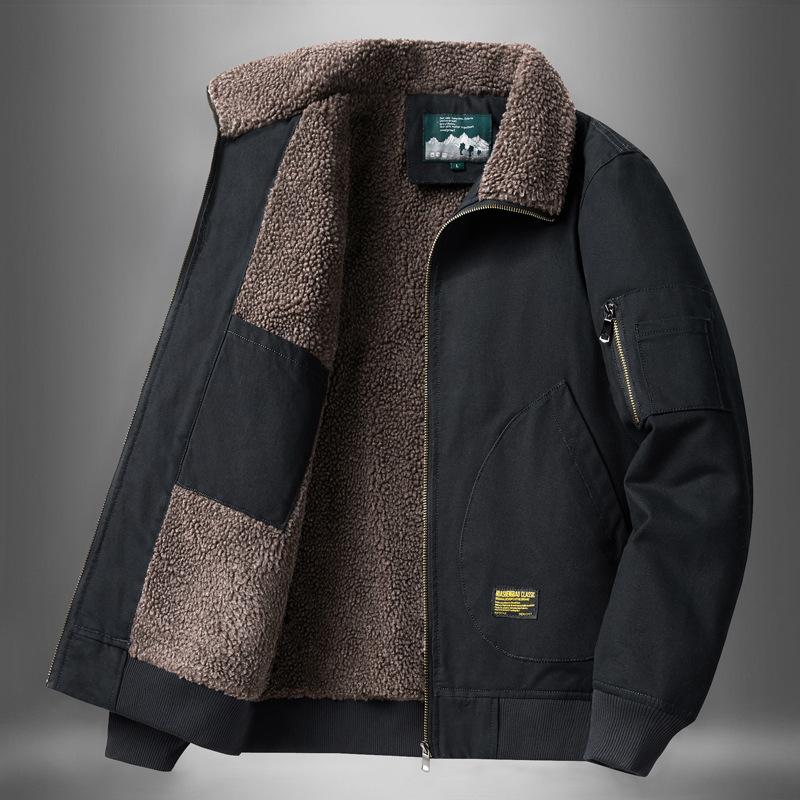 Winter Man Thicken Fleece Cargo Coat Turn Down Collar Zipper Men Pilot Jacket Outdoor Casual Pocket Male Outerwear