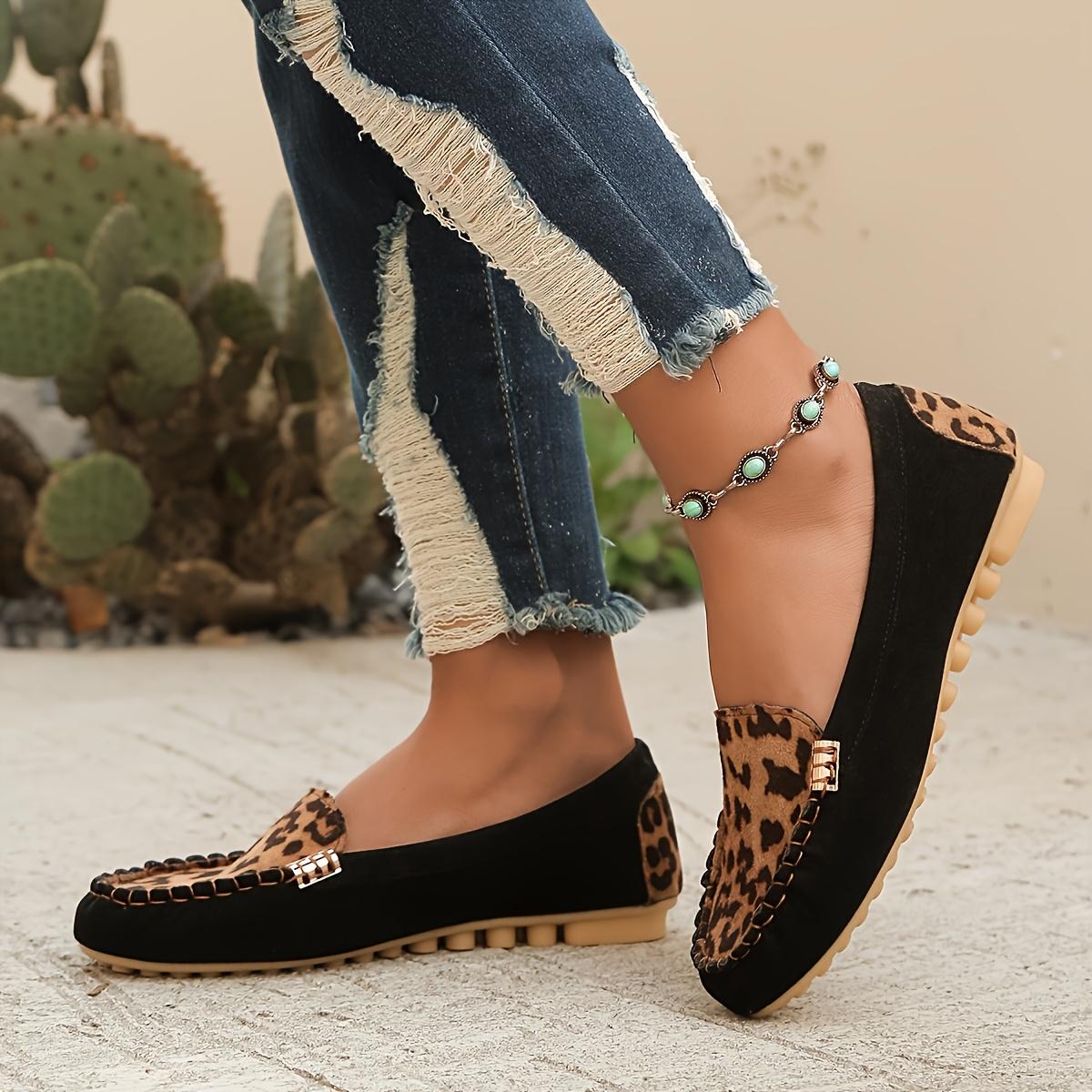 

Женские слипоны с леопардовым принтом - Легкий тканевый верх Прочная полиуретановая подошва Круглый носок Комфорт для повседневной носки в любое время года Модная обувь с животным принтом Size 40 чёрный