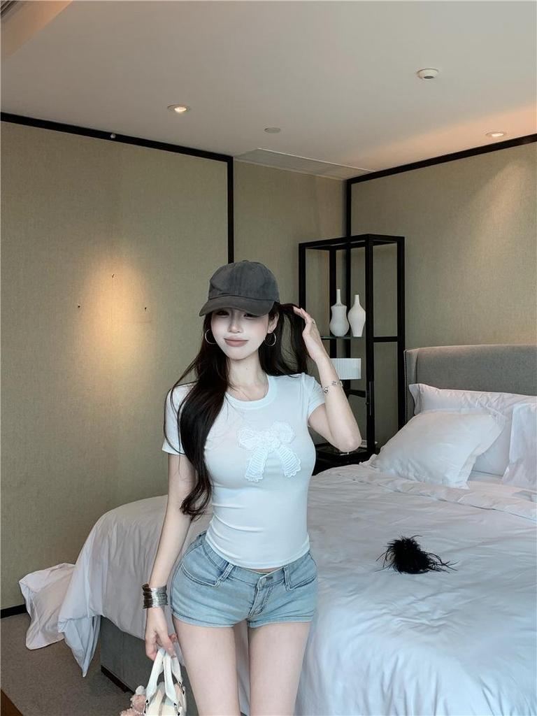 Gray Lace Bow Short Sleeve T-Shirt - Women's Summer Hot Girl Style