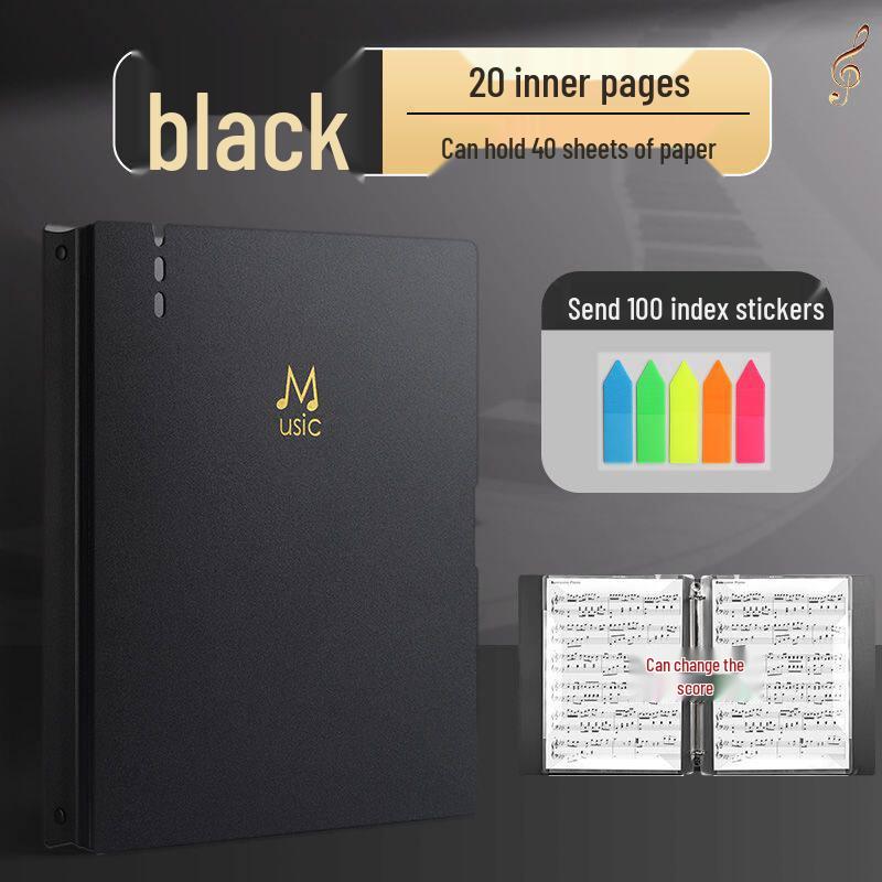 Black Non-Reflective Sheet Music Clip & Folder for Piano and Drum Stands with Transparent Insert Pages