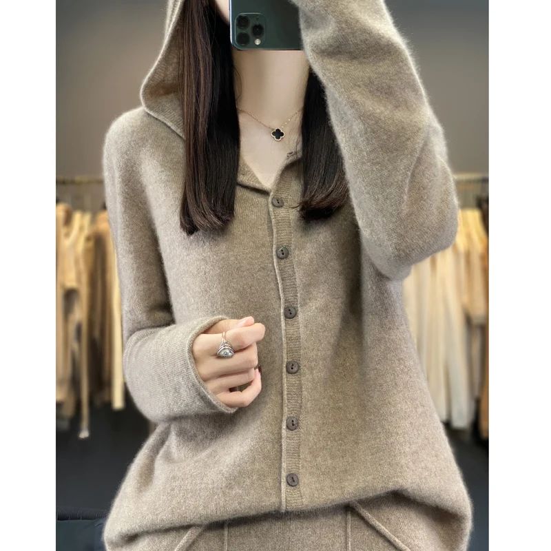 First Line 100% Merino Wool Knitted Cardigan Women's Autumn and Winter Hoodie Loose Sweater Fashionable Versatile Coat