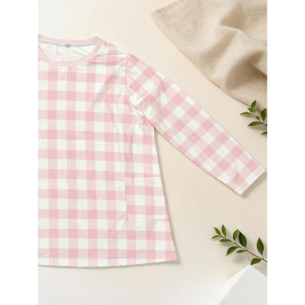Women's Plus Size Pink Plaid Long Sleeve Loose Top with Pocket, Women's Versatile Casual T-Shirt