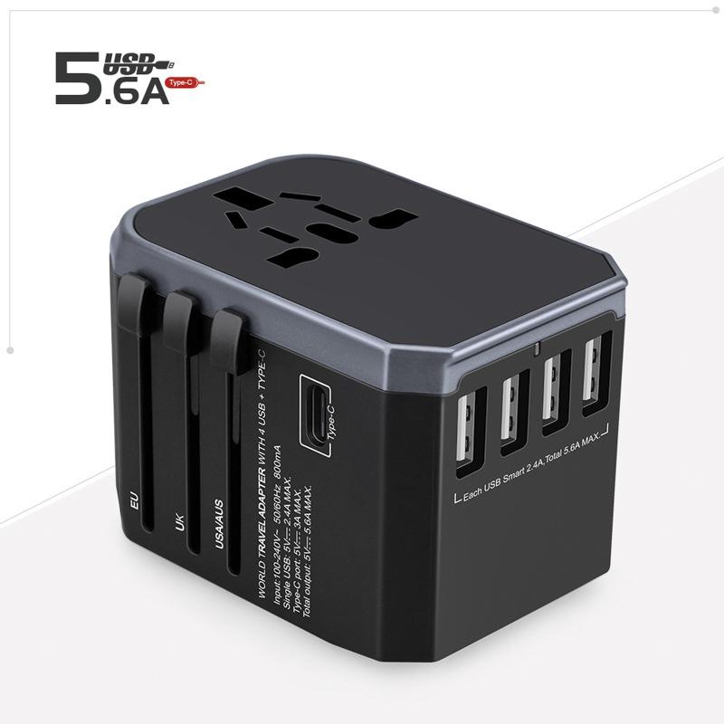 Multi-functional Global Travel Adapter with 4 USB & Type-C Ports - Compatible with US, EU, UK, AU