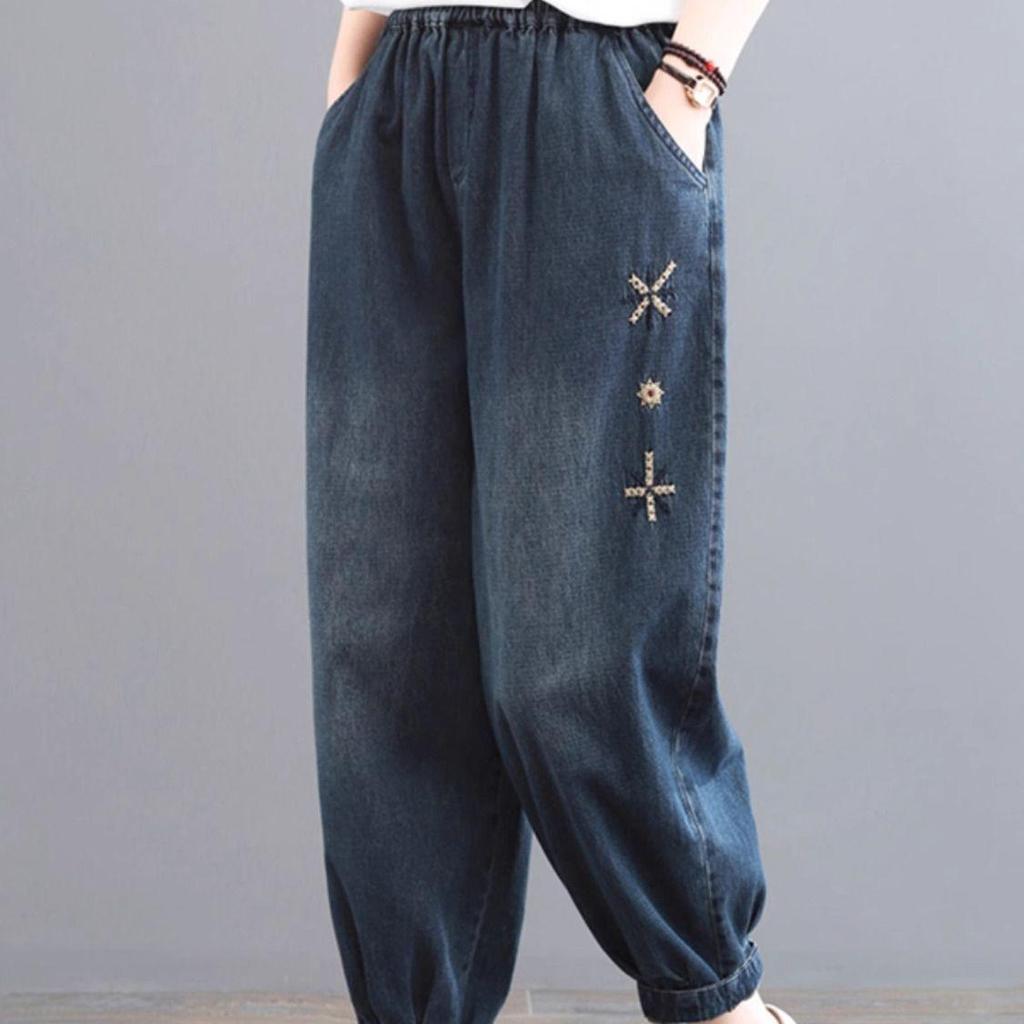 Frühling/Herbst 2025 Damen Plus Size Elastischer Bund Denim Laternen Haremshose