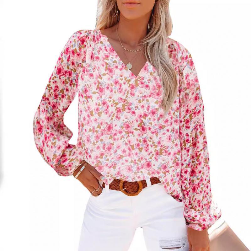 2026 New Spring and Autumn Women's V-neck Chiffon Top Lantern Sleeve Floral Casual T-shirt