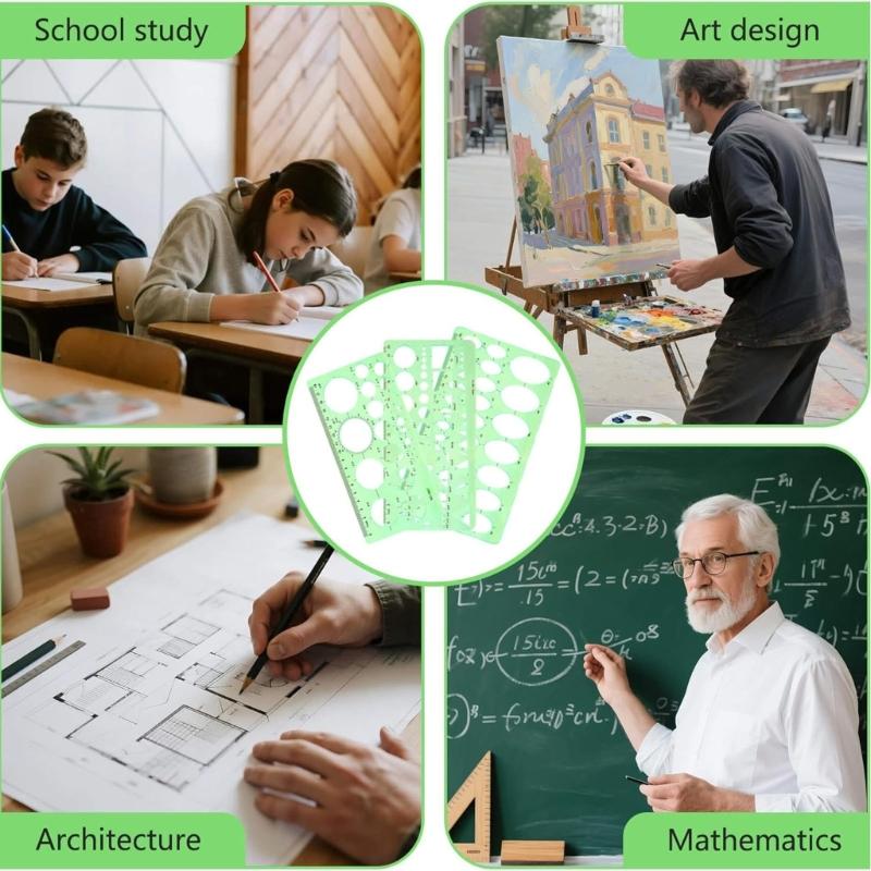 4Pcs Geometric Drawing Templates Ruler Light Weight Portable Circlular Oval Templates for Engineering Drawing Sketching