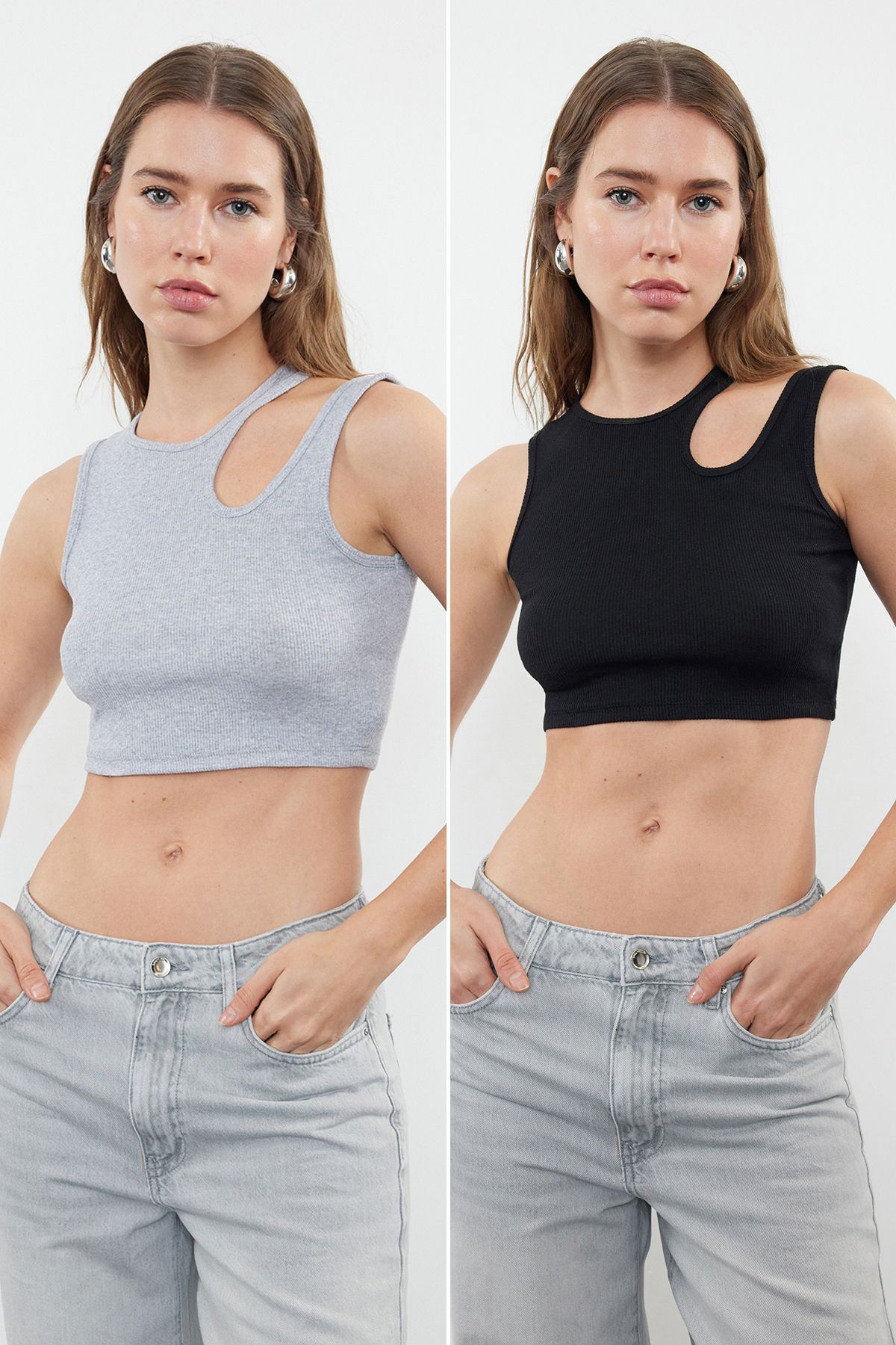 

Women s Fashion Black-gray melange 2 Pack Cut Out Detailed Fitted Crop Ribbed Flexible Knitted Undershirt L