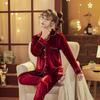 [Golden Velvet] Women's Plush Coral Fleece Pajama Set - Red, Warm for Autumn & Winter