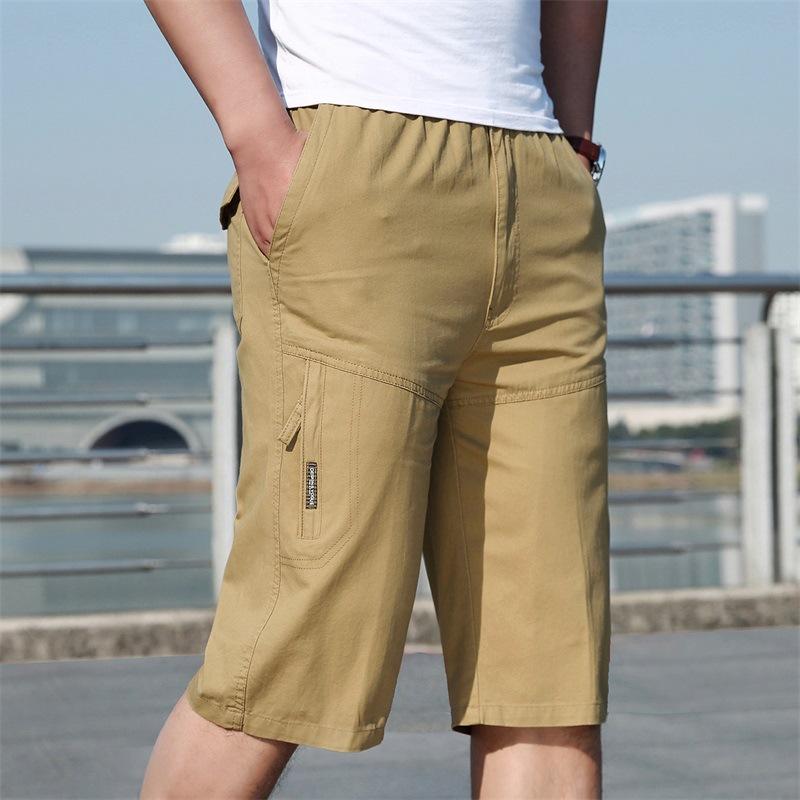 Summer New Men's Elastic Waist Solid Color Cropped Pants Large Size Fat Man Tooling Pure Cotton Outdoor Leisure Sports Shorts