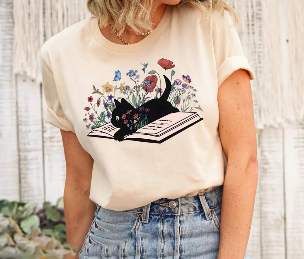 Floral Cat Shirt Cat Lover T-shirt Cat Book Shirt Cat Lover Gift Gift for He