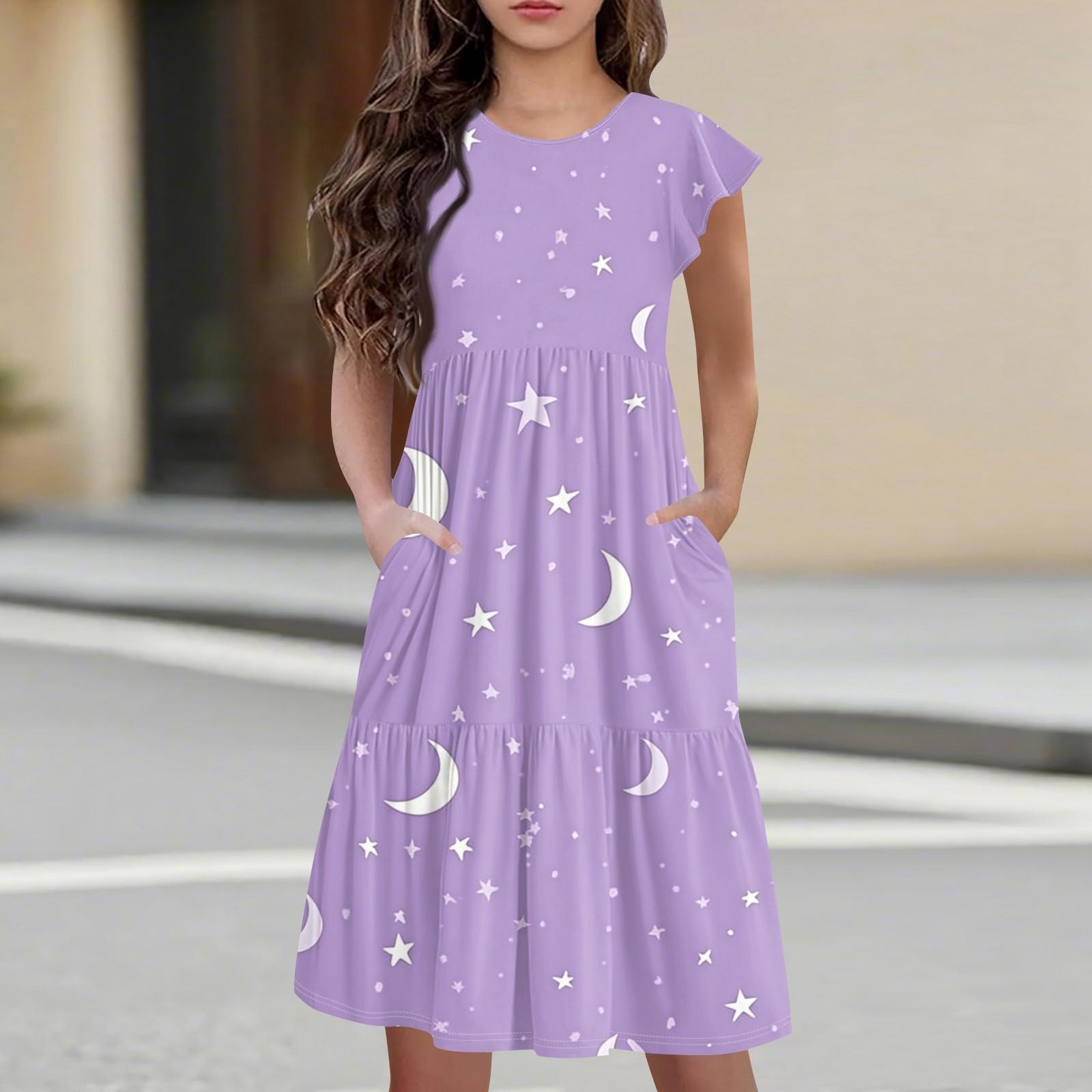 

Children s Skirt Round Neck Pleated Flying Sleeve Short Sleeve Princess Skirt Fashion Casual Pocket Dress For Girls 100