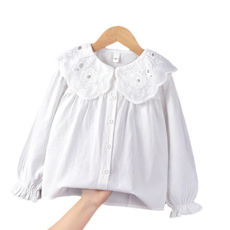 2024 Spring/Autumn Girls' White Cotton Shirt, Turn-Down Collar, Fashionable Student Top