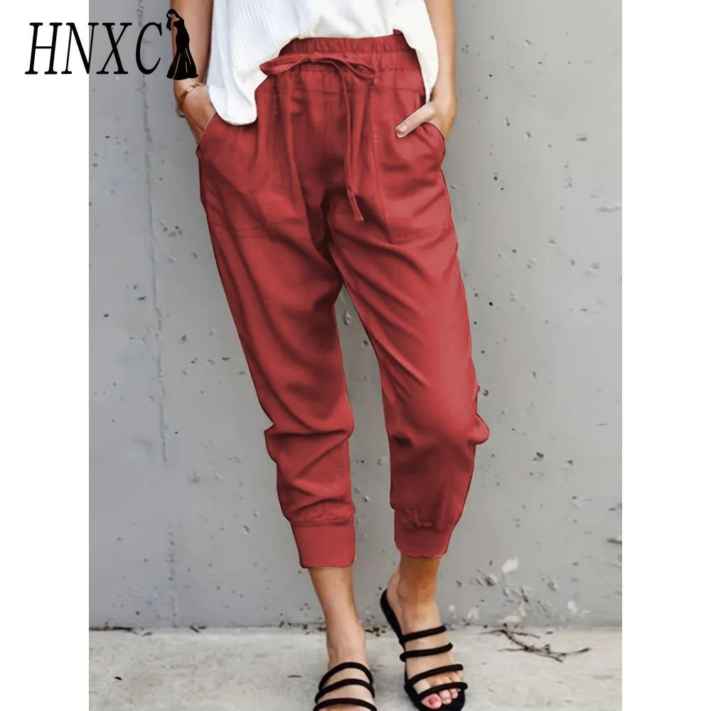 HNXC Sommer Damen Loose Plus Size Einfarbig Einfache Schnürung Schlank Lässige Neun-Punkt-Schlankheitshose