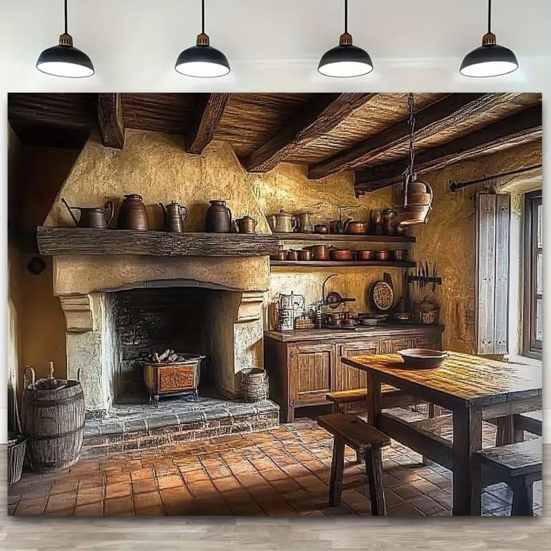 

2D Old World Rustic Kitchen with Stone Fireplace Decoration Backdrop 47.2x31.5inch/120*80cm