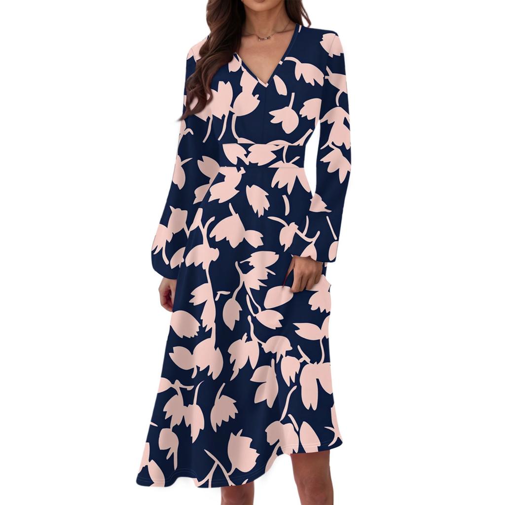 Women's Casual Fashion Floral Print V-neck Long Sleeve Waist Long Dress