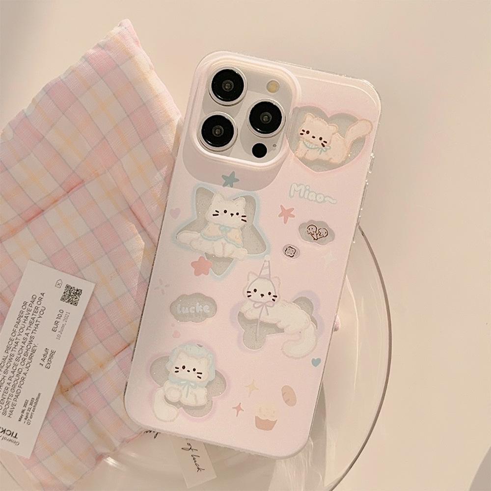 Cute Cartoon Cat Phone Case for iPhone 17 16 15 14 13 Pro Max, Kawaii Kitten Shockproof Cover, Aesthetic Pink Protective Case for Girls