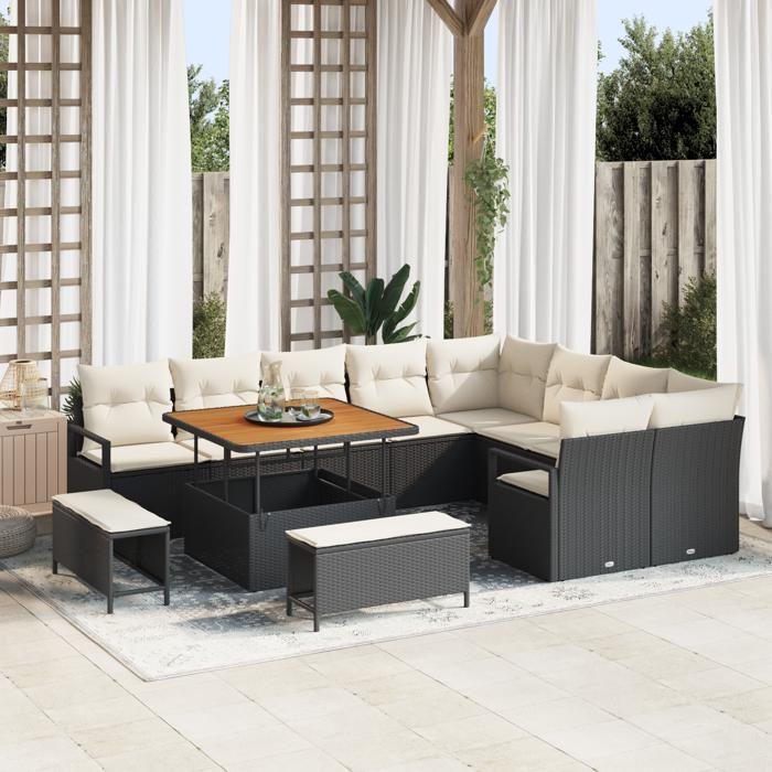 Ensemble de canapés de jardin en 12 pièces avec coussins Rattan poly noir Acacia, Ensemble de salle à manger de jardin 3362555