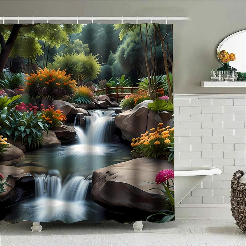 3D Printed Shower Curtain Garden Waterfall Design with Vivid Flowers Rockery Waterproof Bath Decoration for Home Decorations.