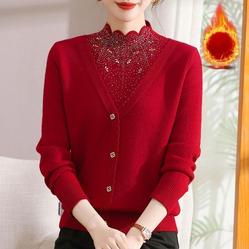 Women's Fleece Sweater Thick Loose Fake Two-Piece Knitted Pullover Sweater Rhinestone Soft Warm Flocked Knit Top Autumn Winter