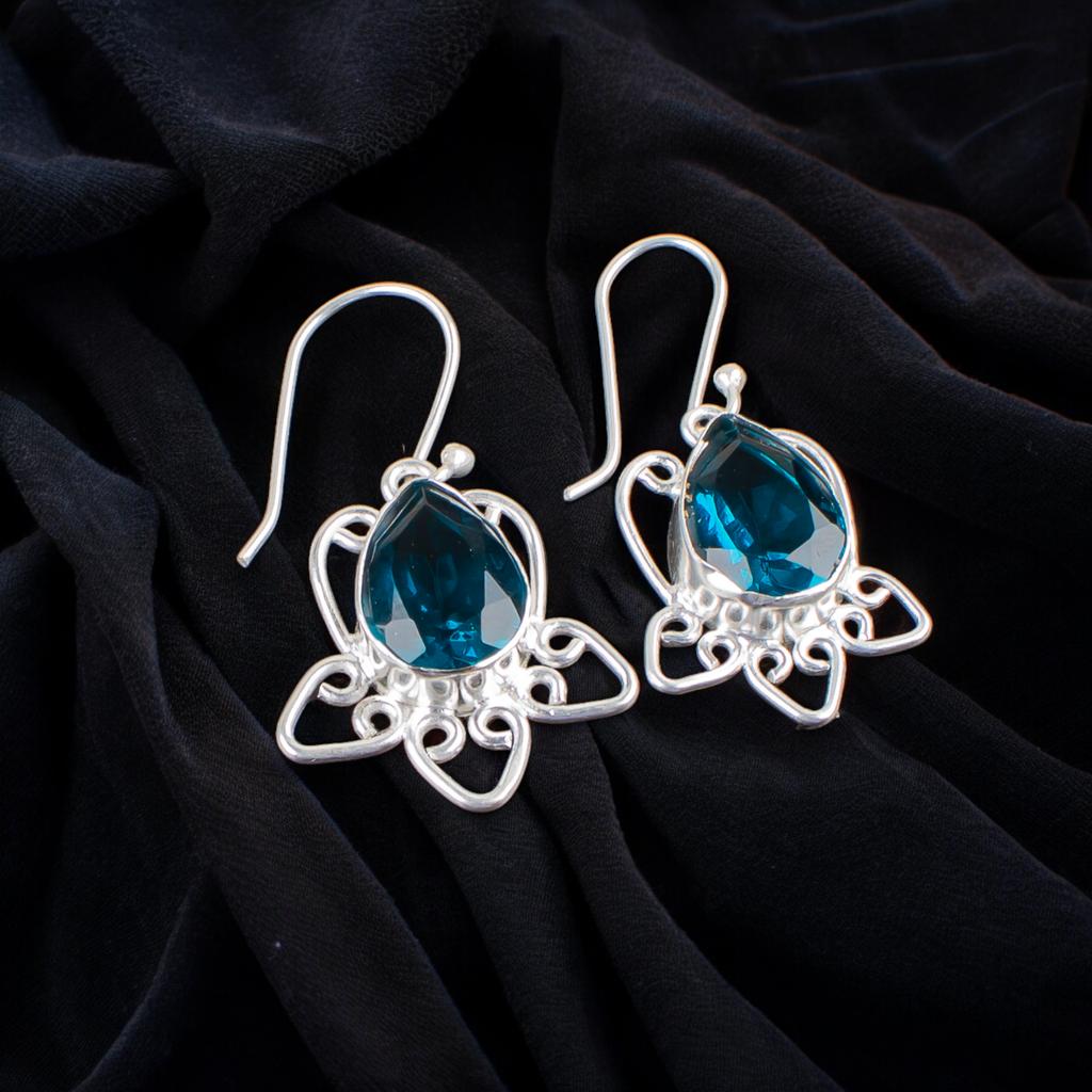 Natural Apatite Gemstone 925 Stamped Silver Handmade Jewelry Hook Earrings 1.70" EE-40-12