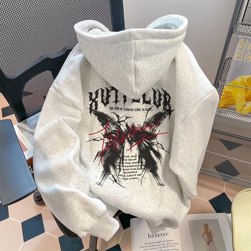 Hooded sweater printed high street trend men s autumn and winter new velvet thickened loose women s coat XXXL