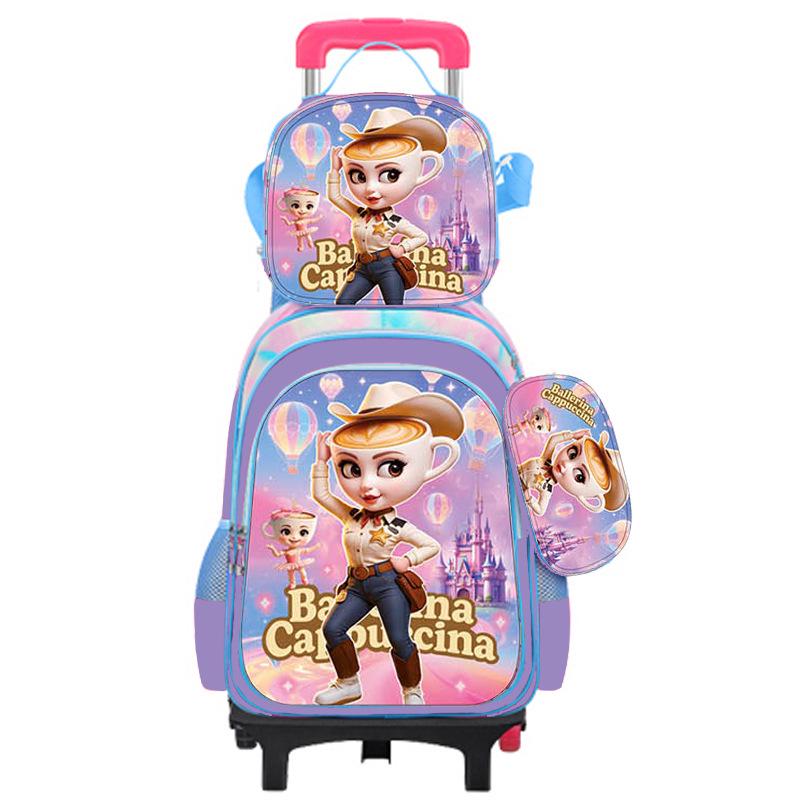 Cute Cartoon Double-Shoulder Backpack with Two-Wheel and Six-Wheel Options, 3-Piece Set for Primary School Students