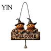 Rustic Skull Wall Decor Halloween Wooden Welcome Hanging Sign, Vintage Farmhouse Door Hanger with Skeleton Pumpkin Country Style Holiday Ornament
