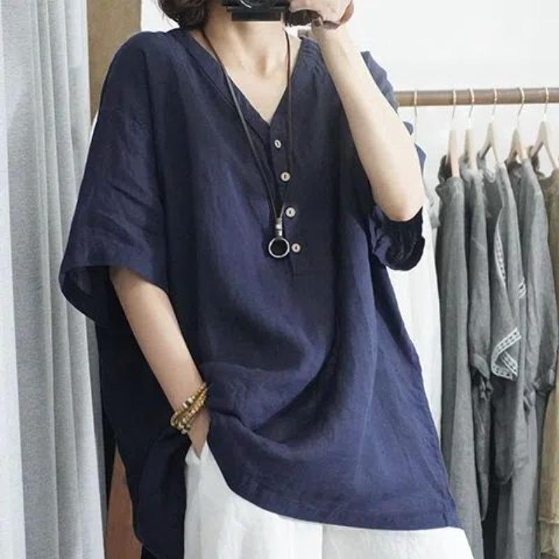 V-neck Oversized Loose Casual Imitation Cotton Linen Shirt with Half Sleeves Summer Slimming Fat Korean Version Blouses Shirts