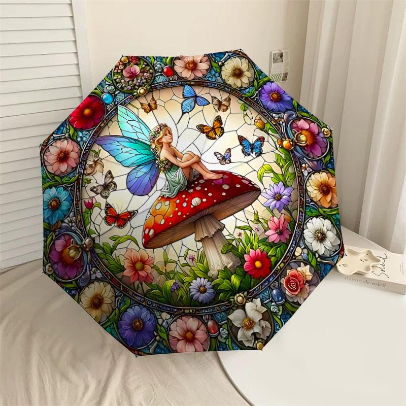 

1PC fairy stained glassAutomatic Open/Close Umbrella with Windproof, 8-Rib Sturdy Canopy, Durable Ribs, Fashionable Design, Outdoor Accessory, Fun Pri